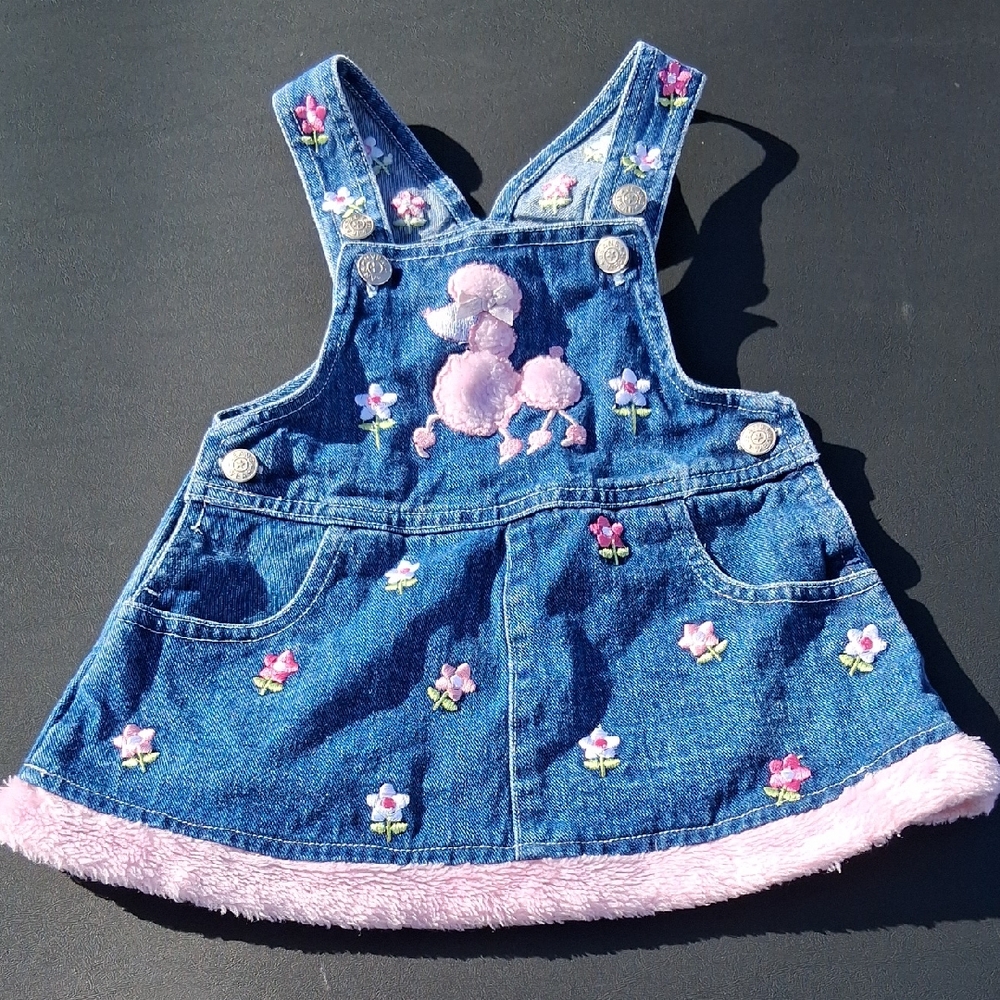 Denim Poodle Embroidered Girls' Overall Dress in Blue and Pink